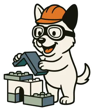 The Sidecar dog in a hard hat assembling a small building