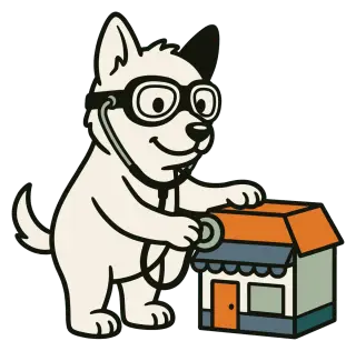 The Sidecar dog holding a stethoscope to a small shopfront