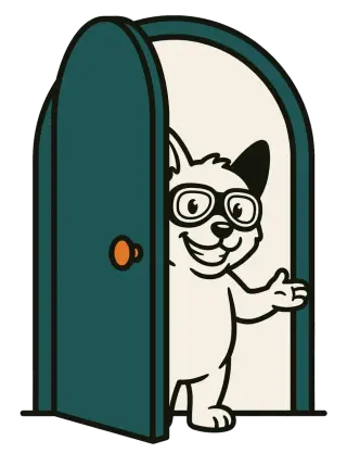 The Sidecar dog peeking out of an open front door and waving