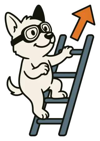 The Sidecar dog climbing a ladder toward a rising flag