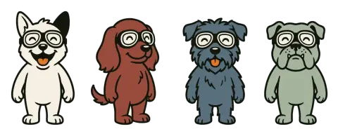 Four dogs in goggles standing together