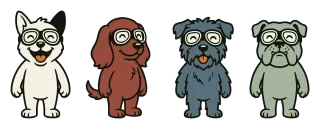 Four dogs in goggles standing together