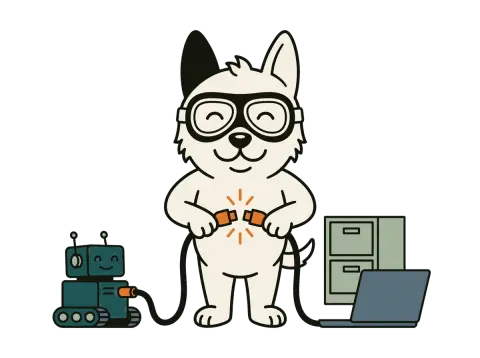 The Sidecar dog plugging two cables together to connect a robot helper, a filing cabinet and a laptop