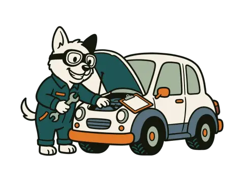 The Sidecar dog in coveralls checking under the hood of a small car