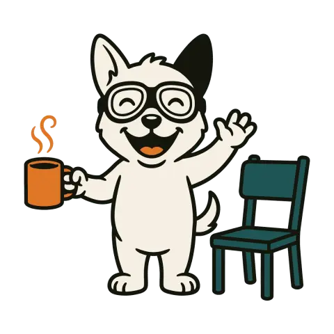 The Sidecar dog holding out a mug next to an empty chair