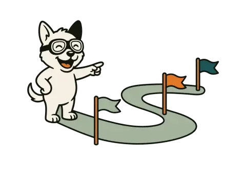 The Sidecar dog pointing down a path toward three waypoint flags