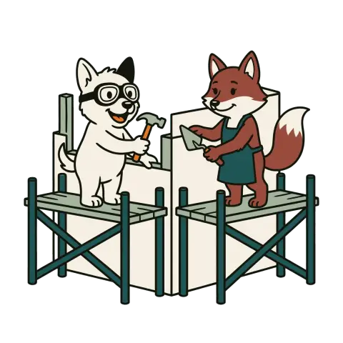 The Sidecar dog and a fox owner working together on scaffolding around a half-built building