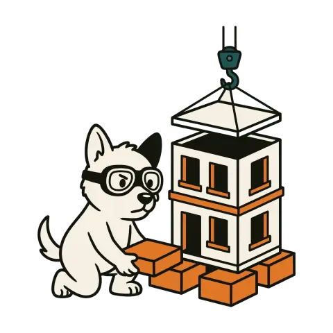 The Sidecar dog setting a foundation block under a building while a crane lowers a new floor